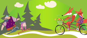 Illustration against a green background of two foxes riding a bicycle