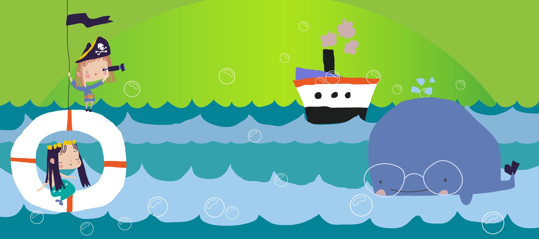 Illustration on a green background, a mermaid and a pirate watch a blue whale with a ship in the background