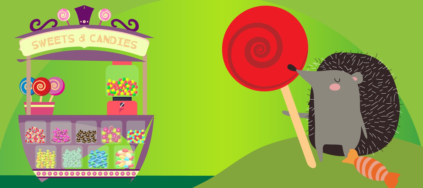 ILLUSTRATION: on the right a candy stand loaded with treats, on the left a hedgehog holding a giant lollipop