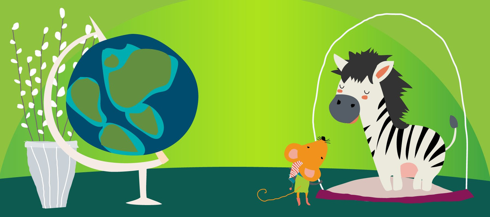 illustration on a green background, globe on the left, and a mouse viewing a zebra in a snow globe on the right.
