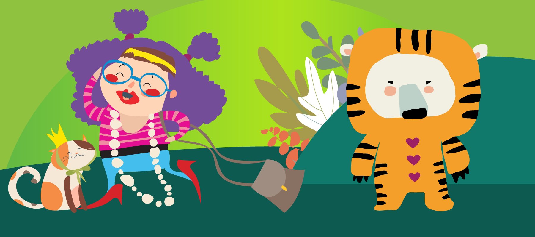 Illustration: on the left, a cat with a crown tied to its head, and a child with a wig, makeup, too large jewelry, shoes, and a purse, pose. On the left, a polar bear in a tiger costume