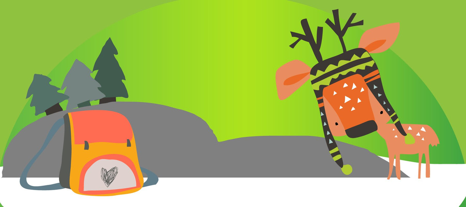 illustration on a green background, a deer with antlers and a hat on his head stands in a snowy landscape and a backpack sits on the ground to the left.