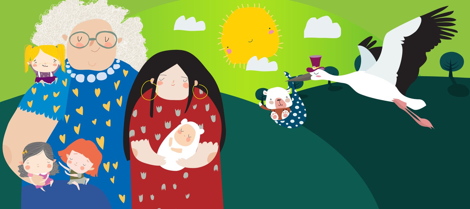 Illustration on a green background, colorful rocking horse on the left, a stork delivering a baby polar bear on the right.