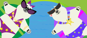 illustration on a green background. Two polar bears wearing sunglasses and jewelry, are shown from above floating on pool floats.