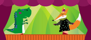 Illustration on a green background, a T-Rex puppet on a hand on the left, a fox puppet on a hand on the right.