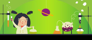 Illustration on a green background. Young scientist in a lab coat, holds a test tube and beaker, while beakers and potions bubble around her.