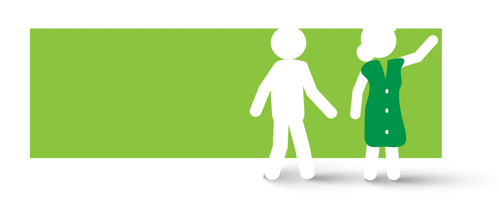 Two white figures silhouetted against a green background, gesturing and looking off-screen to the left.