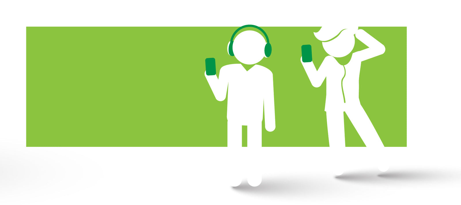 Two white figures, one taking a selfie, one listening to music with headphones, silhouetted against a green background.