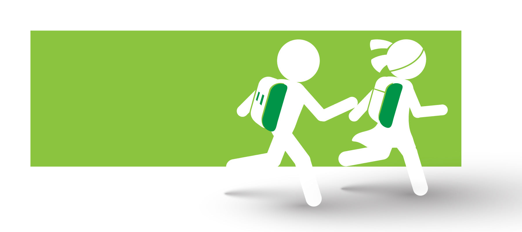 Who white figures running with backpacks, silhouetted on a green background.