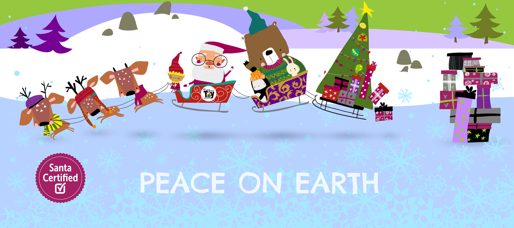three reindeer pull a chain of three sleighs, first with santa and and elf, then with animals in hats and sweaters, and third with a christmas tree with gifts spilling off the back