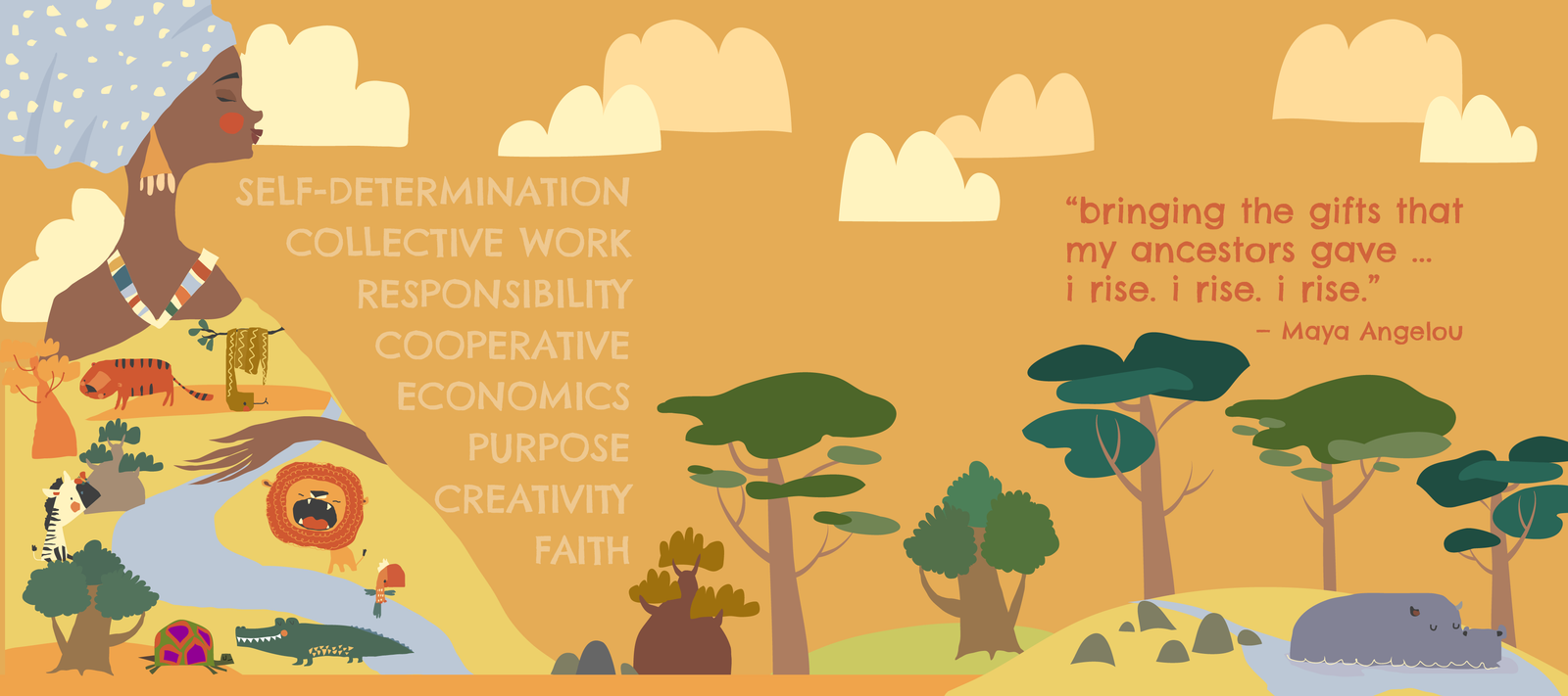 Profile of an African Woman with African animals on her dress with the tenants of Kwanzaa and a quote from Maya Angelou