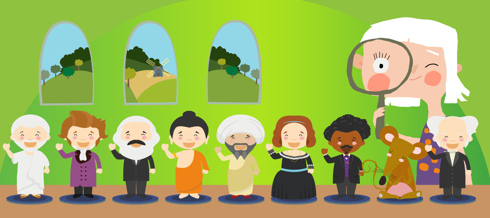 Illustration: A child on the left looks through a magnifying glass to examine a line up of small figurines of historical figures