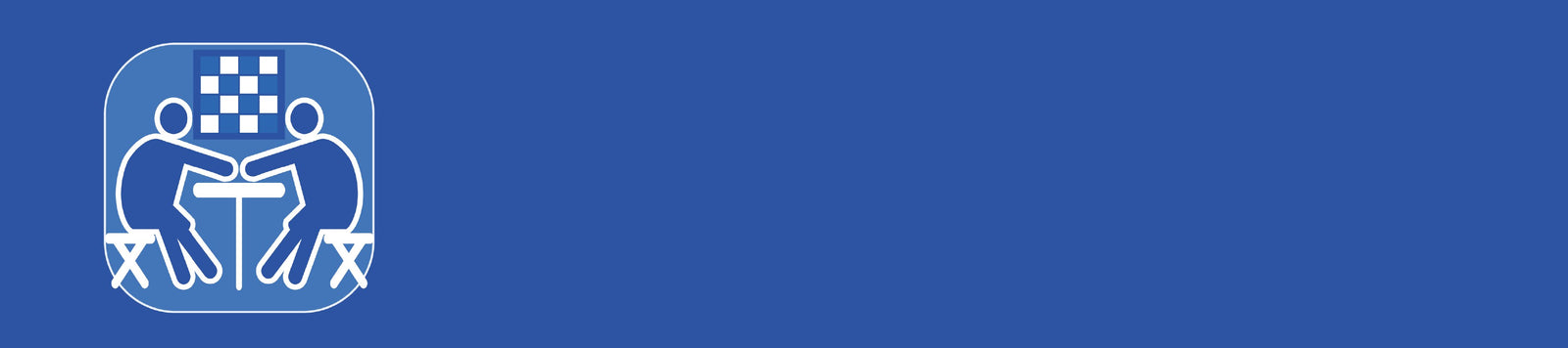 the profile of two seated figures, each on on opposite sides of a game table, with a chessboard between them.