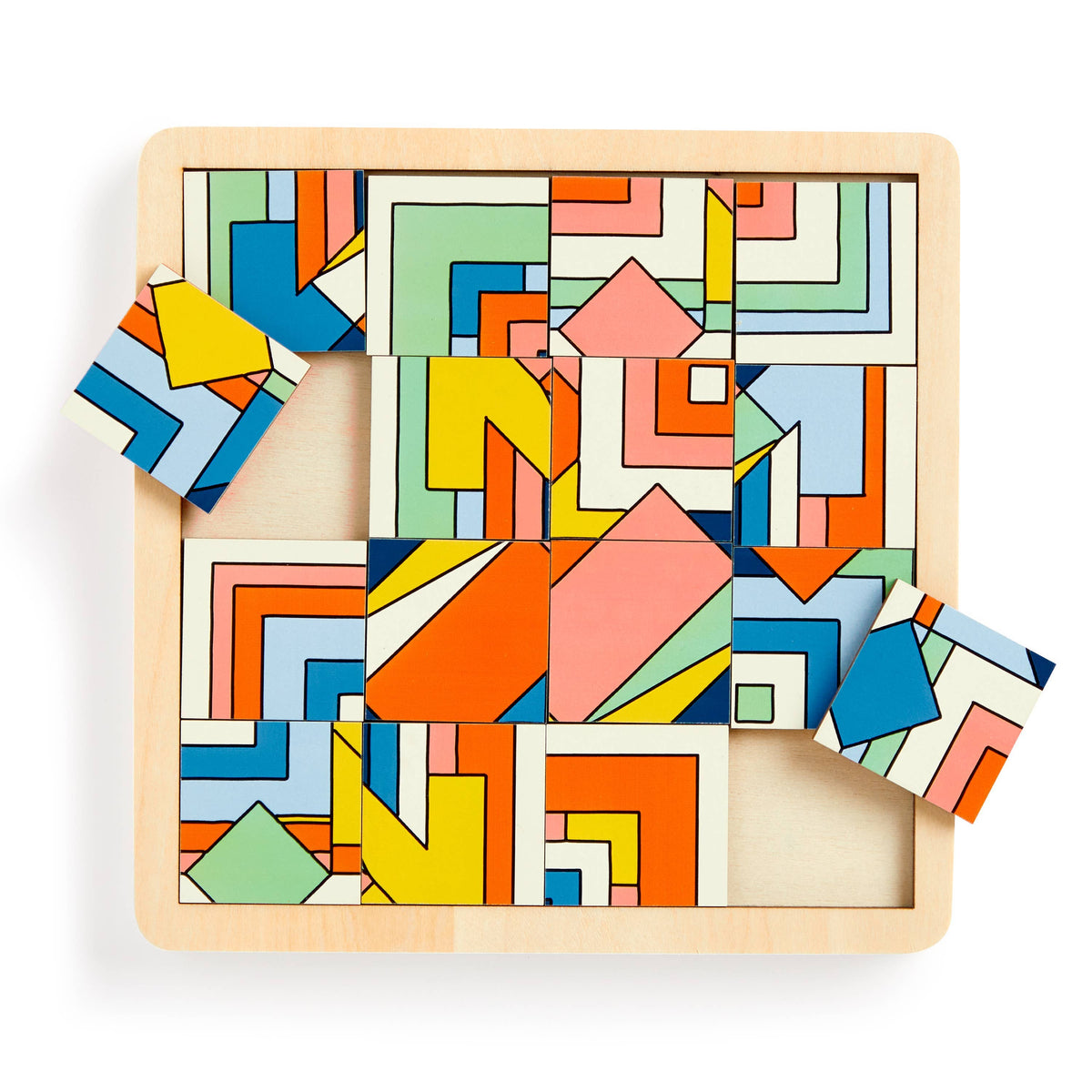 View of one side of the Frank Lloyd Wright Imperial Hotel 2-in-1 Sliding Wood Puzzle against a white background.