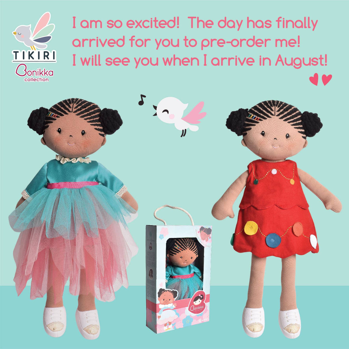 Front view of a poster showing Kessie with Two Special Outfits - 15 inches with both outfits on and her in the box in middle.