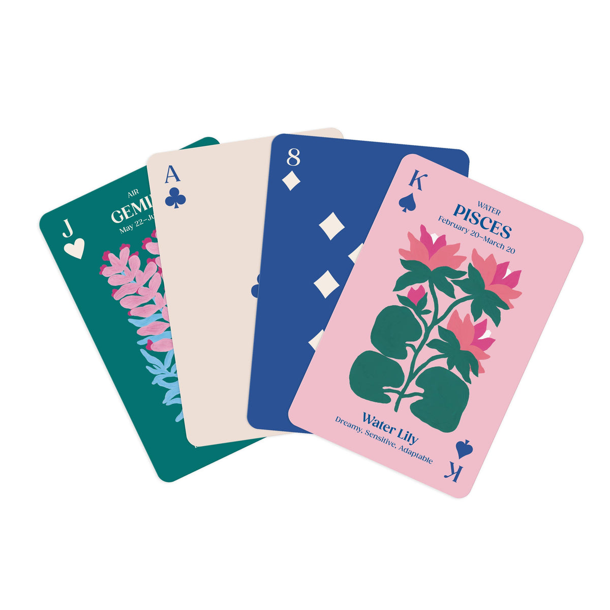 Front view of multiple cards from the Zodiac Flowers Playing Card Set fanned out against a white background.