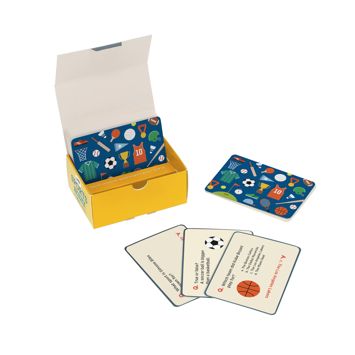 Front view of the sports trivia game, with multiple cards from the game laid against a white background.