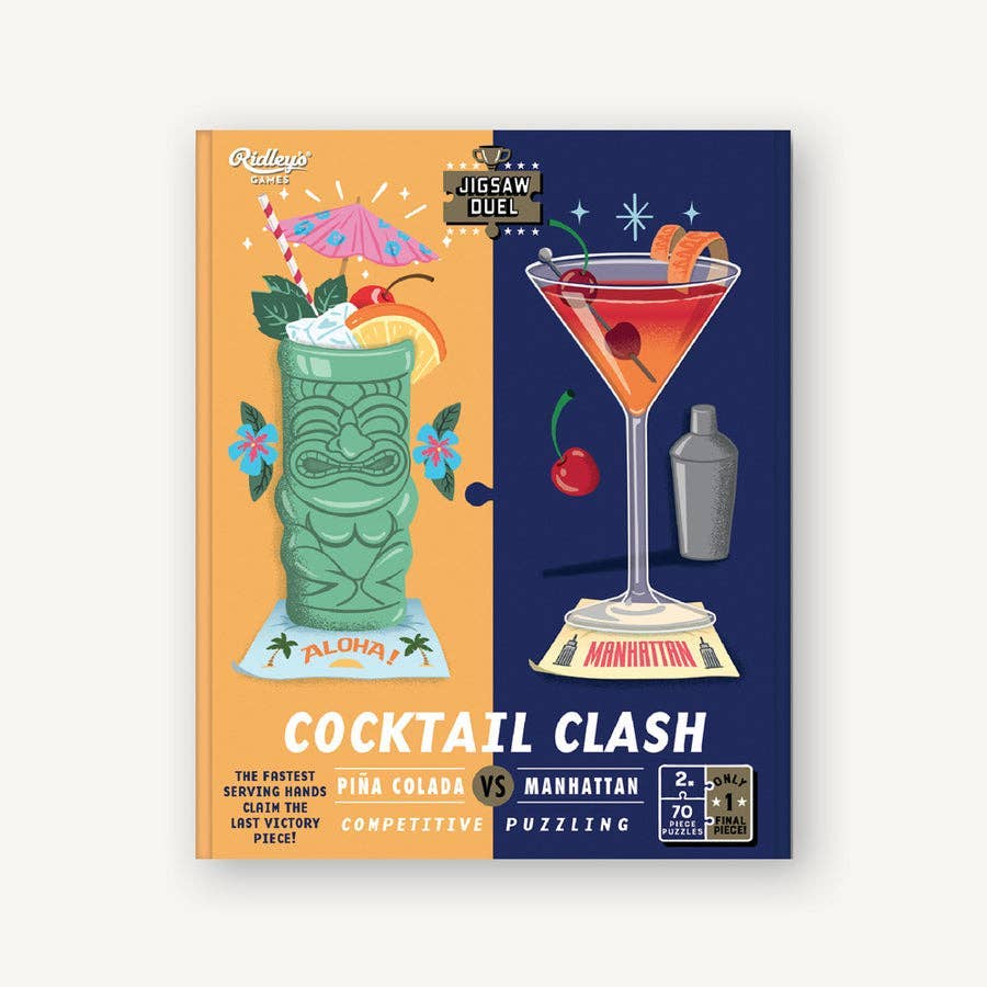 Front view of the Cocktail Clash Jigsaw Duel game in the packaging.