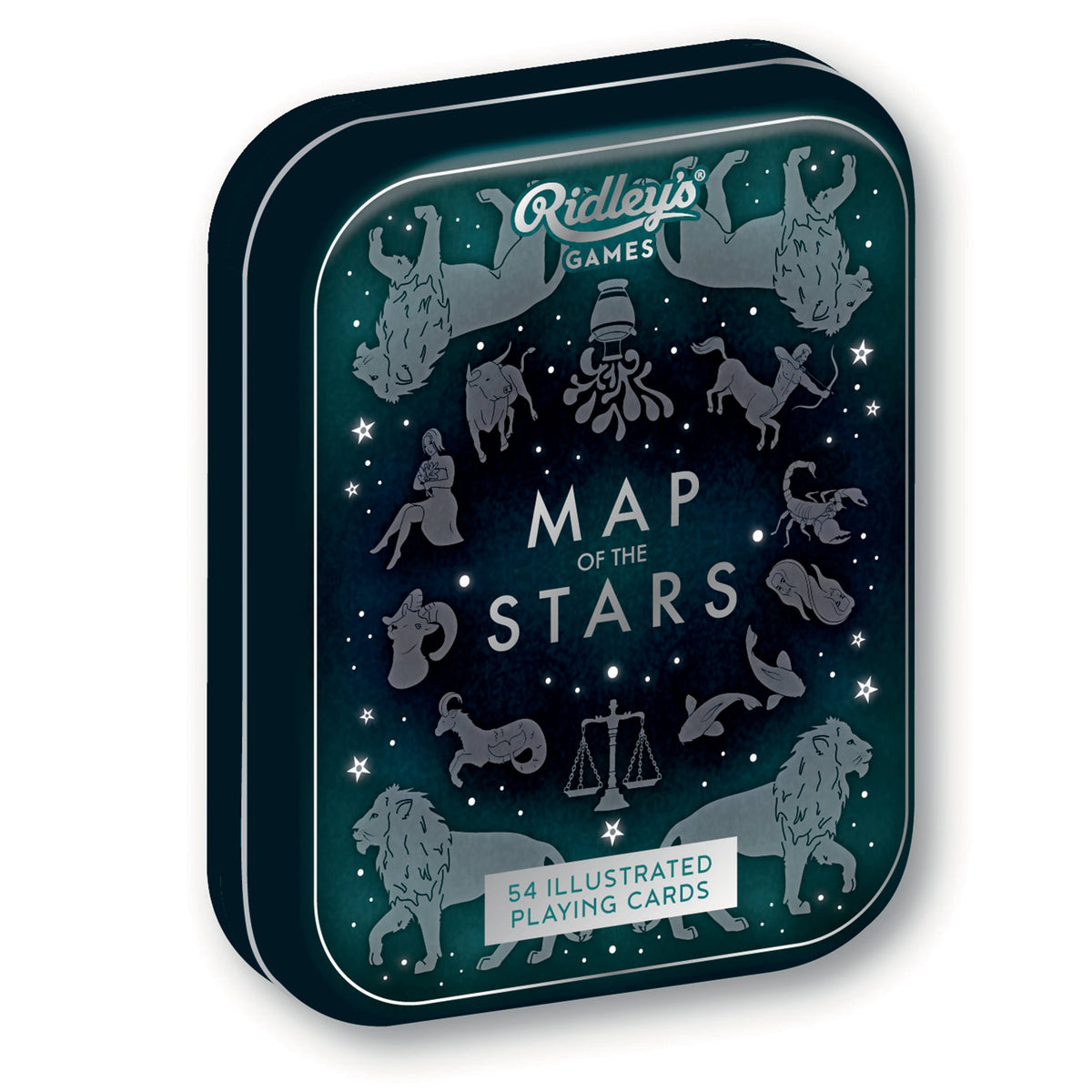 Front view of the Map of the Stars Playing Cards in the storage tin. 