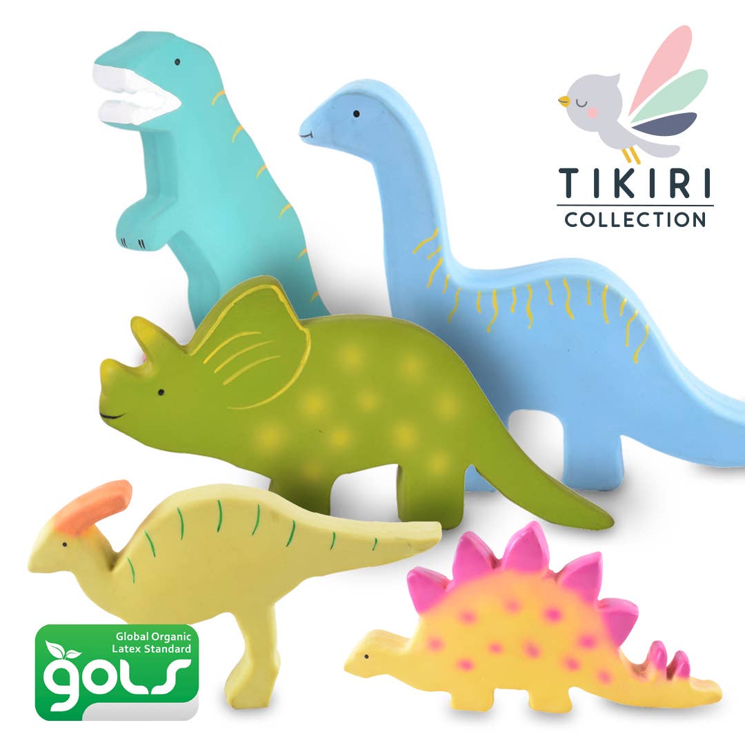 Front view of a poster showing all the different Dinos in the Tikiri Collection with the Natural Organic Rubber - Trice the Baby Triceratops included.
