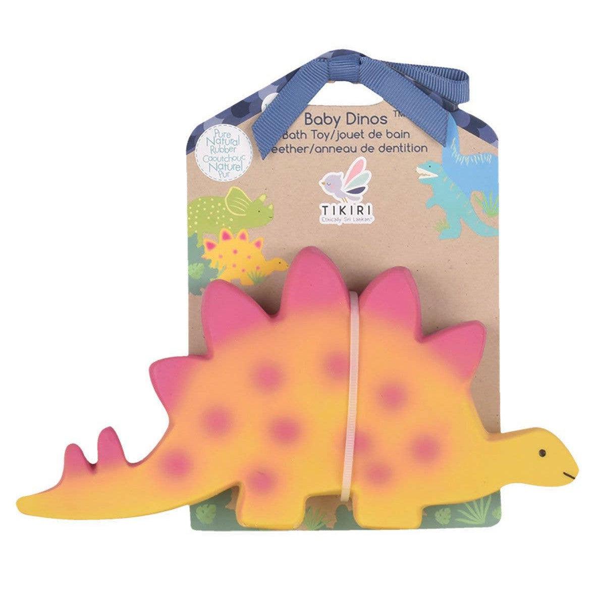 Front view of the Natural Organic Rubber - Stego the Baby Stegosaurus out of its packaging.