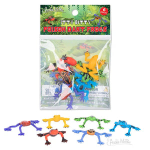 Front view of Itty Bitty Poison Dart Frogs-Bag of 12 in packaging and out.