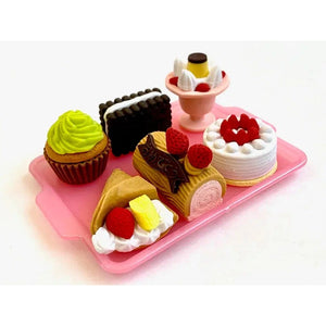 Front view of all 6 desserts out of packaging and on the pink serving tray from the Puzzle Eraser Card Set-Dessert.