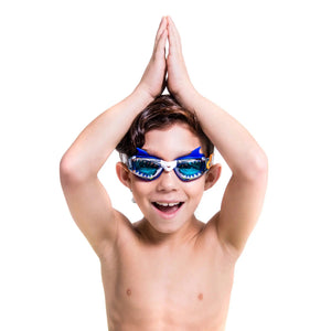 Front view of a small boy wearing the Jawsome Jr Swim Goggle-Small Bite.