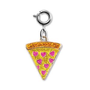 Front view of the Charm It-Glitter Pizza Charm showing the hear pepperonis.