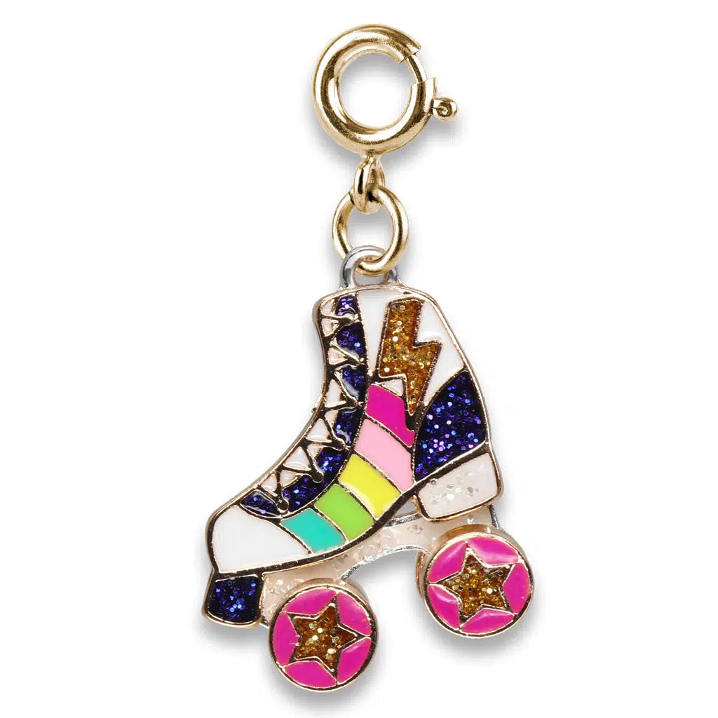 Front view of the Charm It-Gold Rainbow Rollerskate Charm with clasp.