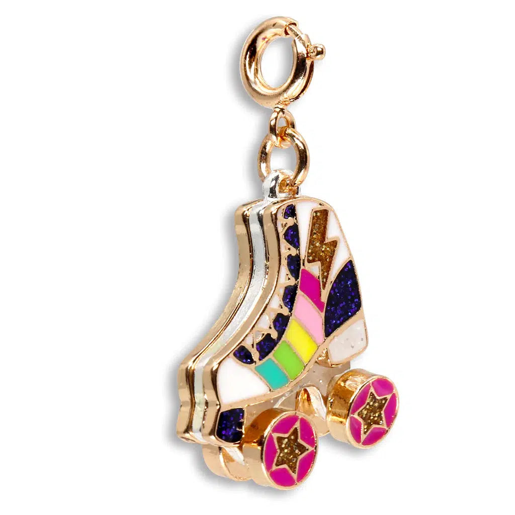 Front slightly side view of the Charm It-Gold Rainbow Rollerskate Charm and 3D view.