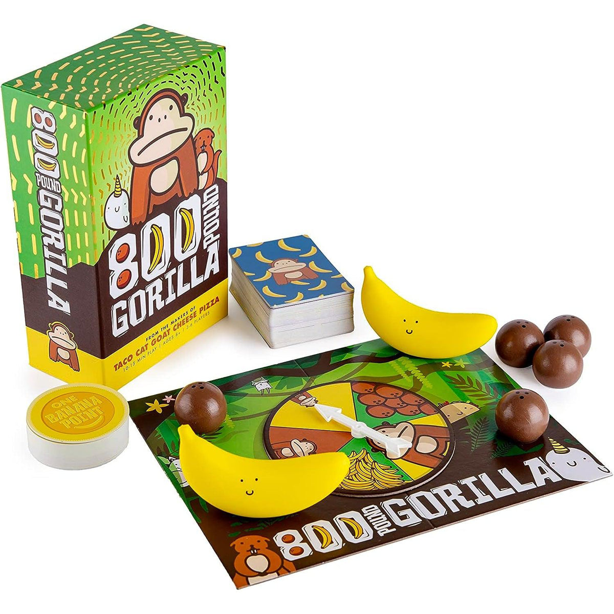 Front view of all the contents and the box for 800 Pound Gorilla-Game.