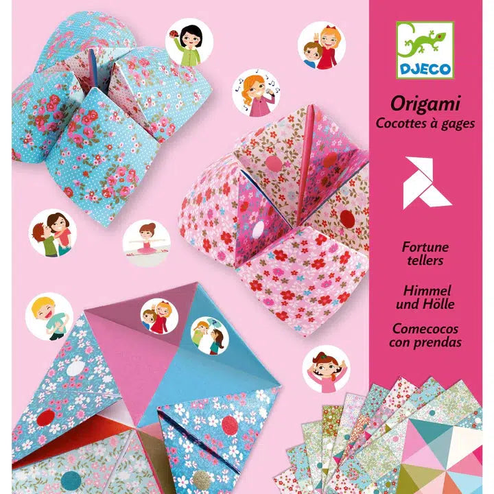 Front view of the flower fortune tellers in their packaging.