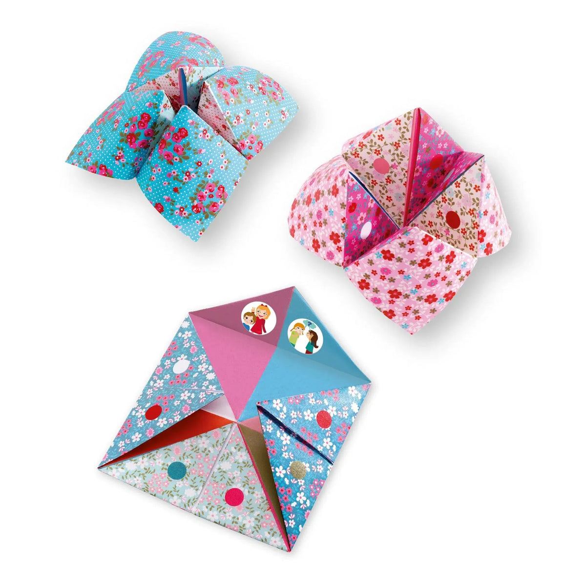 3 completed fortune tellers, sitting at different angles against a white background.