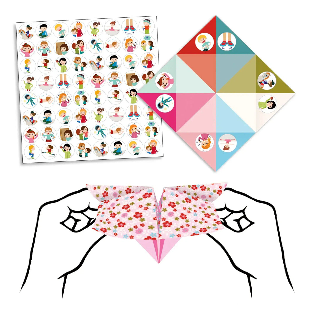 Front view of a sheet of stickers with an unfolded fortune telling overlapping the stickers. Below is a graphic of a pair of hands playing with a fortune teller.