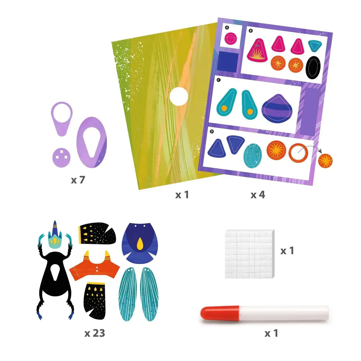 Front view of all contents included in the 3D Paper Bugs set.