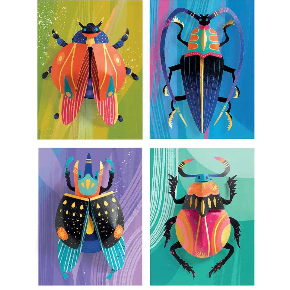 Front view of four completed 3D Paper Bugs.