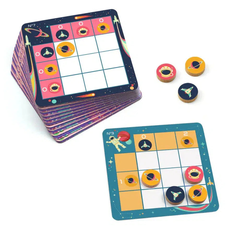 Front view of the contents included in the Space Logic game against a white background.