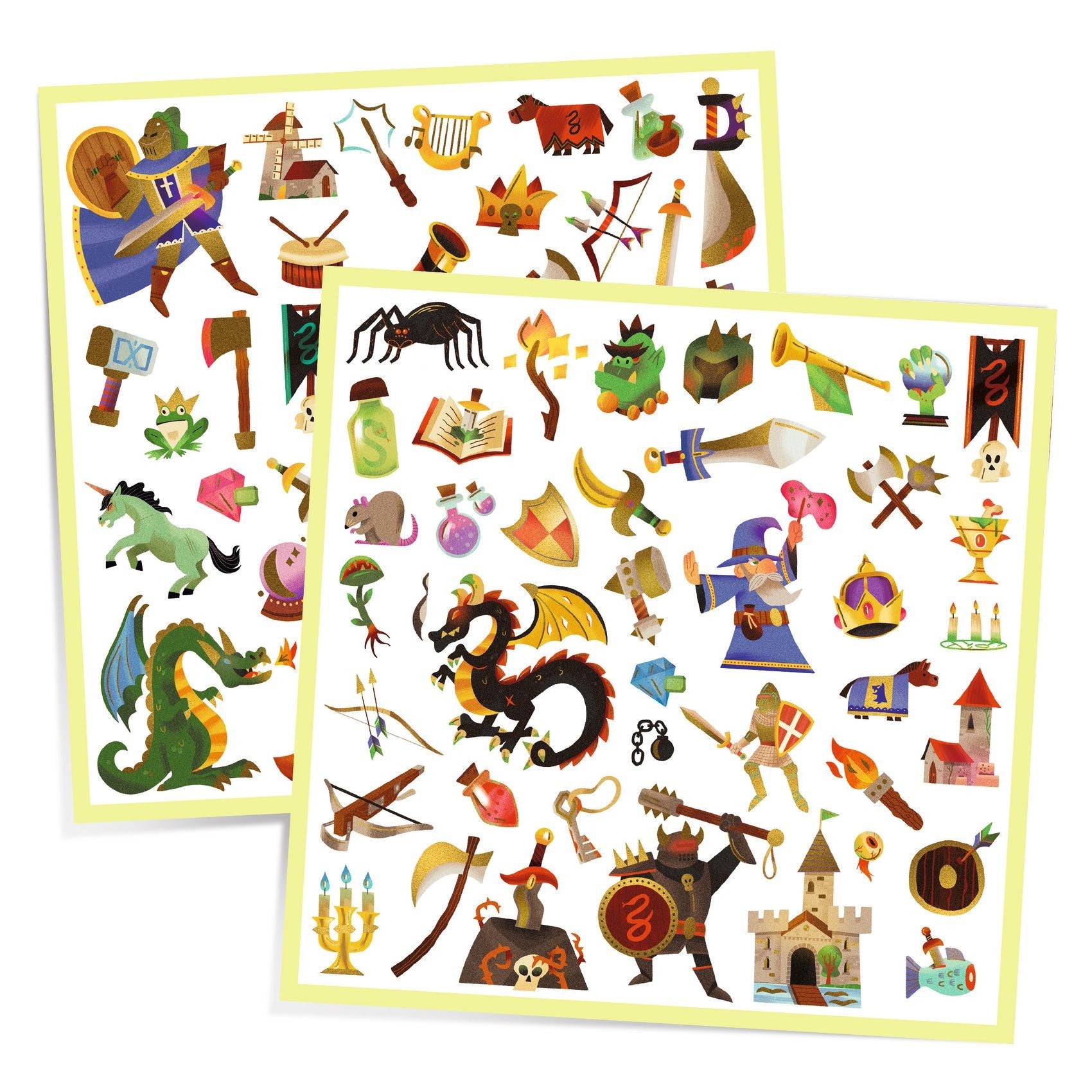 Front view of the Medieval Fantasy sticker pack against a white background. There is a graphic pointing out that these stickers have metallic elements.