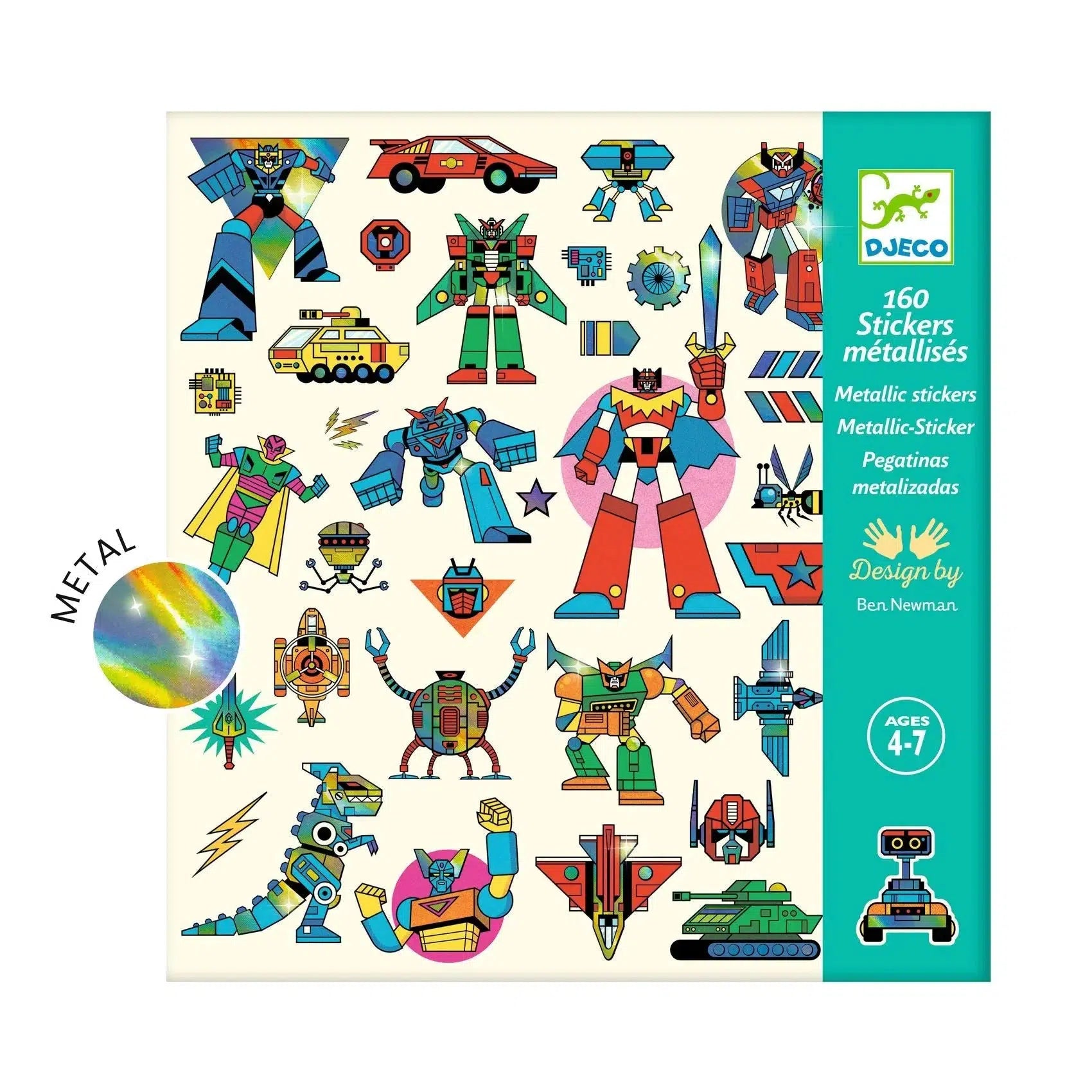 Front view of the robot sticker pack with a graphic pointing out that the stickers are metallic.