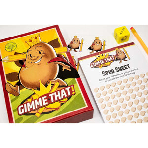 Front view of a poster showing the Gimme That! Game box, score sheet, die, and pencil.