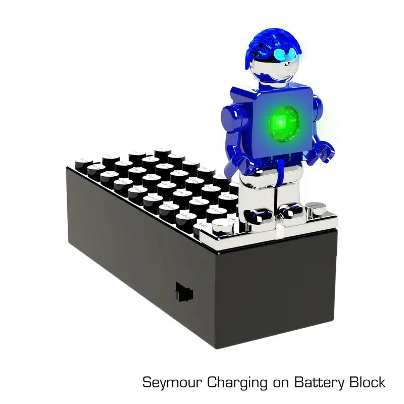 Front view of Seymour charging on the battery block.