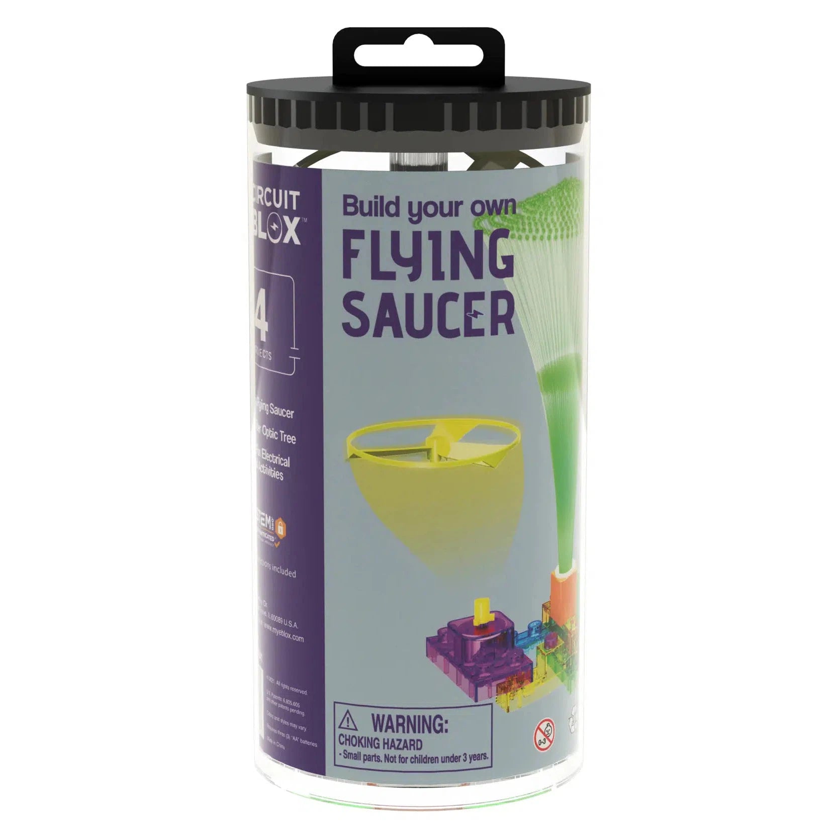 Front view of BYO Flying Saucer in its tube packaging.