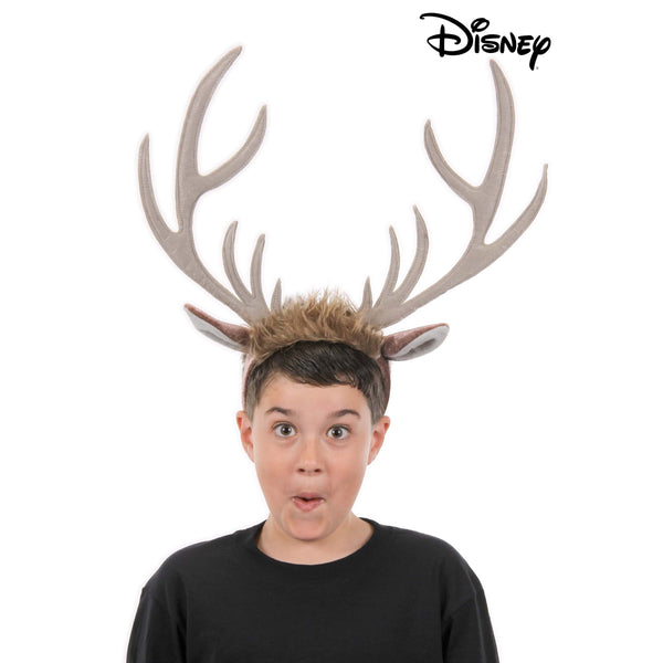 Front view of a young boy wearing the Frozen Sven Antlers Headband.