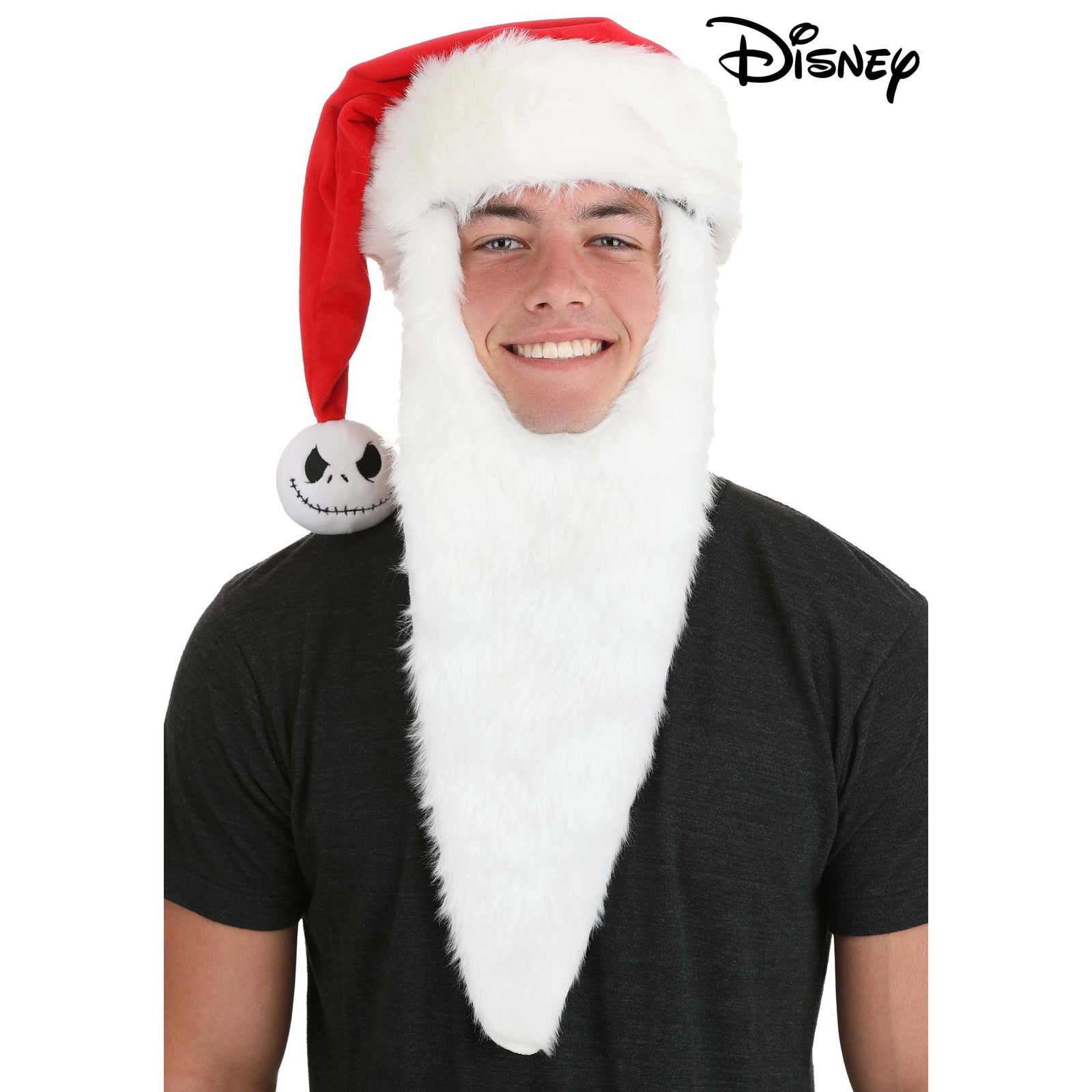Front view of a man wearing a Jack Skellington Santa Hat.