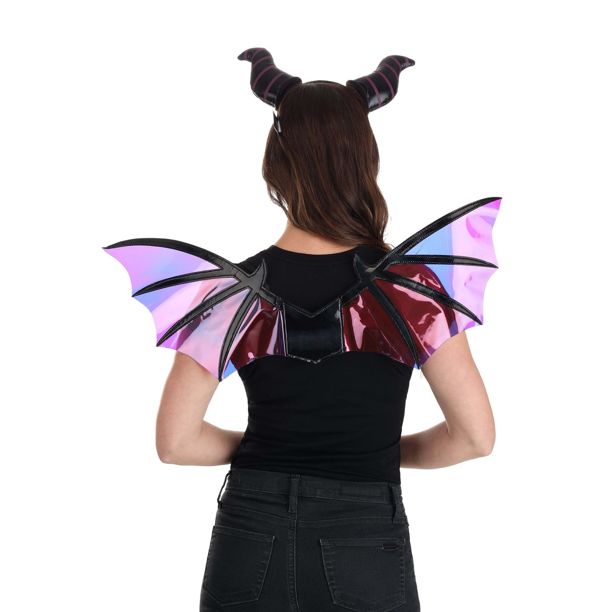 Rear view of a woman wearing the Maleficent Dragon Headband &amp; Wings.
