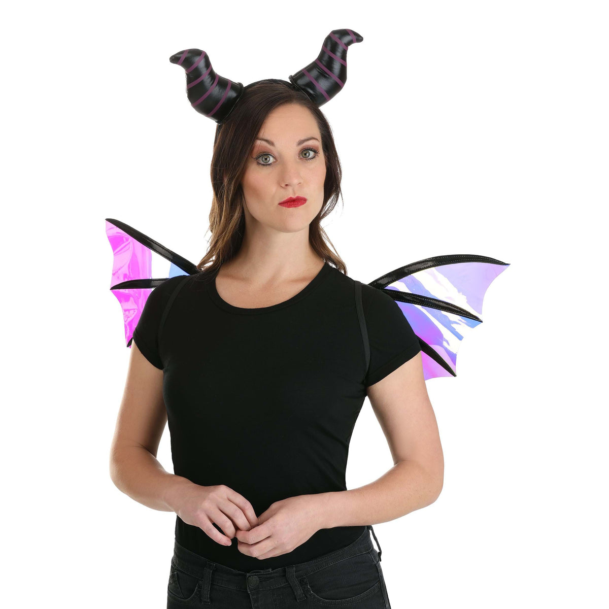 A woman wearing the Maleficent Dragon Horns Headband &amp; Wings.