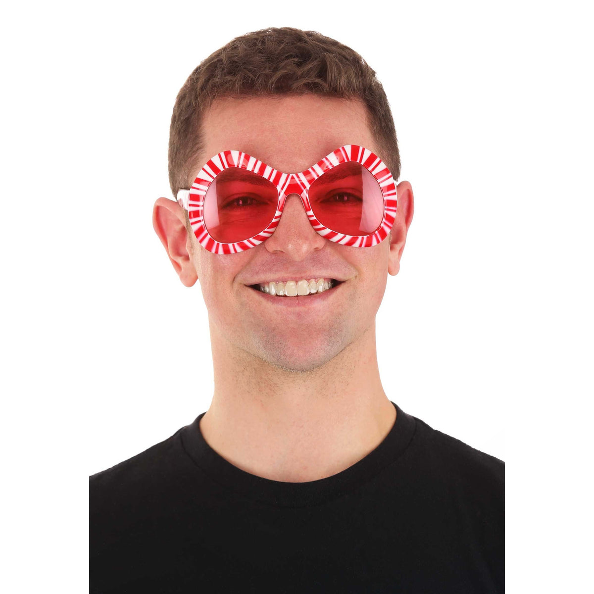 Front view of a man wearing the Mod Candy Cane glasses against a white background.