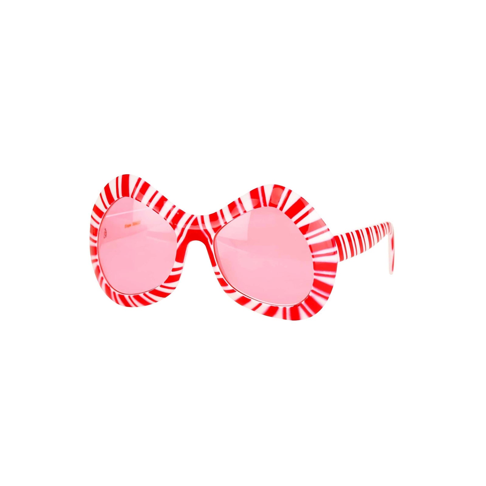 Front view of the Mod candy Cane glasses against a white background. The glasses are angled to the left.