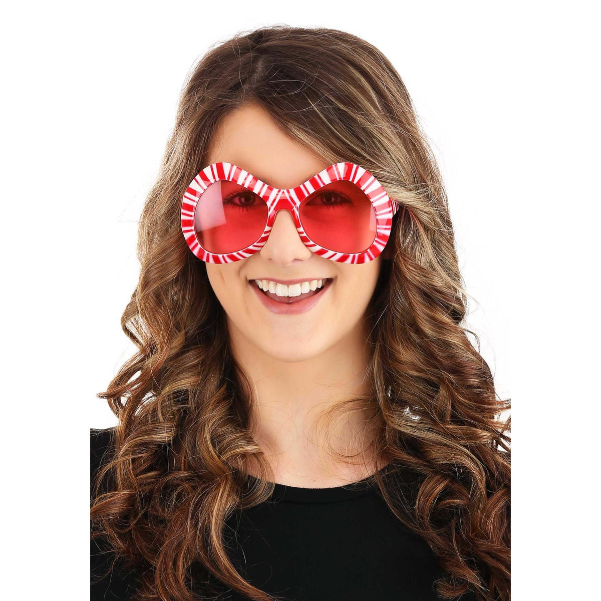 Front view of a woman wearing the Mod Candy Cane Glasses against a white background.